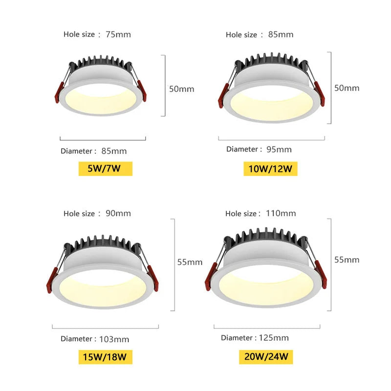 Dimmable Anti-Glare SMD LED Recessed Downlight 5W 7W 10W 12W 15W 18W 20W 24W