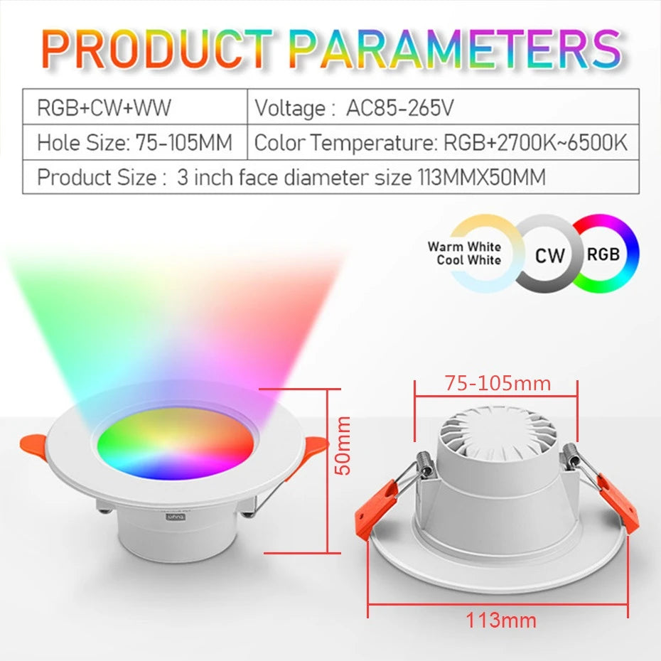 Tuya Bluetooth Smart LED Downlight 10W RGB CCT 2700K-6500K Dimmable App Control 75mm