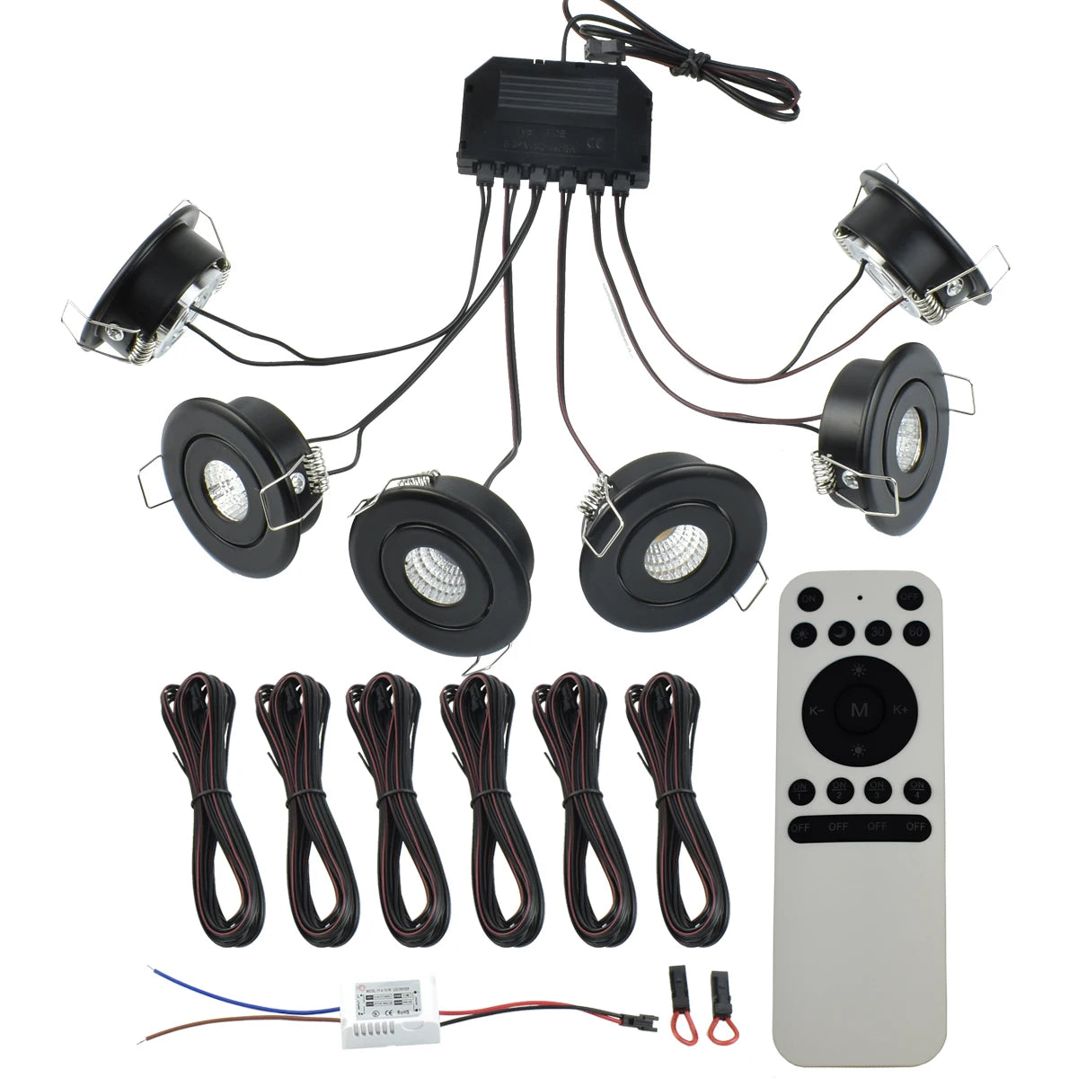 6-Pack 3W COB Mini LED Downlight Kit Dimmable 40-45mm Cutout 4m Cable AC 86-265V Remote