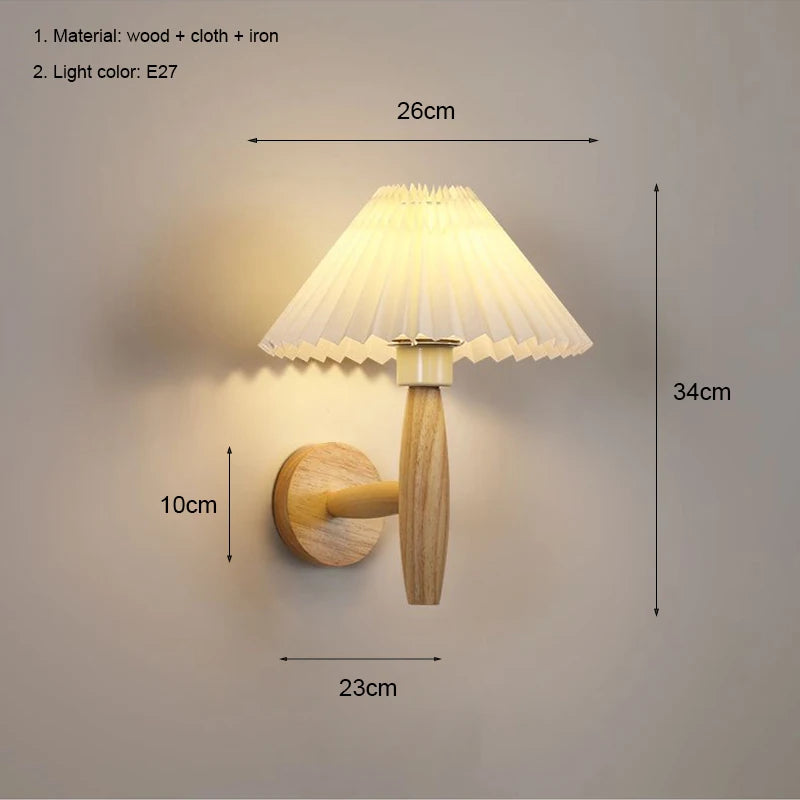 Nordic Wood LED Wall Sconce E26 Single Head Fabric Shade Downlight AC 110-220V Bedroom Living Room Bedside Yellow Brown