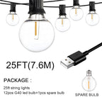 USB G40 LED String Light 1W 180lm/Bulb IP44 Warm White 25ft 50ft 100ft Patio Wedding