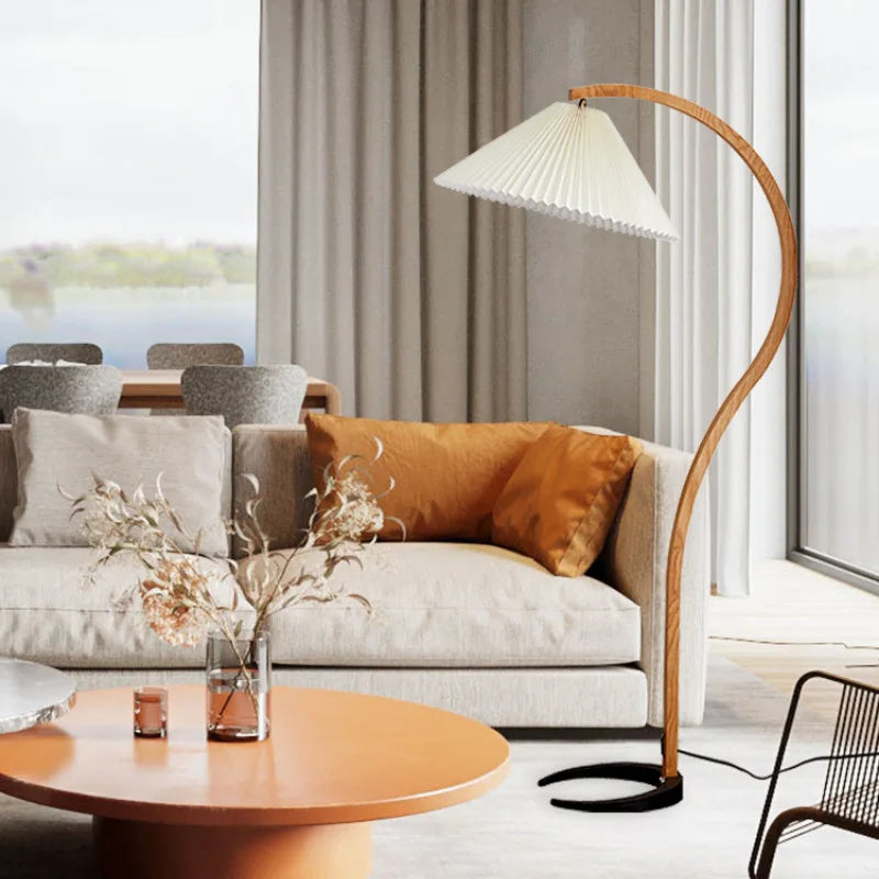 Nordic Solid Wood Pleated Fabric LED Floor Lamp E26 Dimmable Remote Control AC 90-260V D32 x H150cm Living Room Bedroom Study