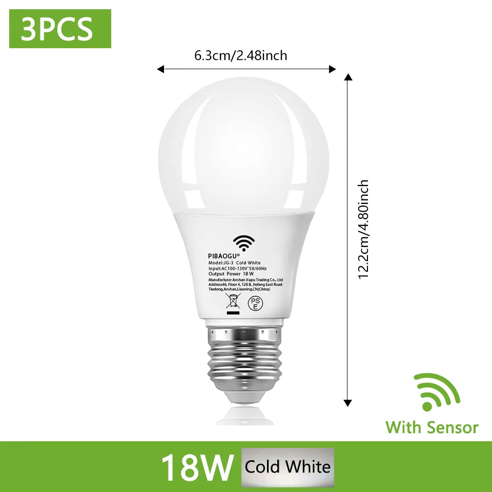 E26 Motion Sensor LED Bulb 18W 360° 3-6m Detection AC 110V Cool Warm White 3-Pack