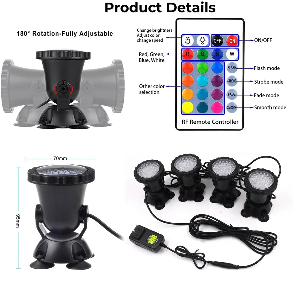 RGB LED Underwater Light 36 LEDs 4.8W IP68 7cm Suction Cup AC 100-240V Aquarium Pool Pond