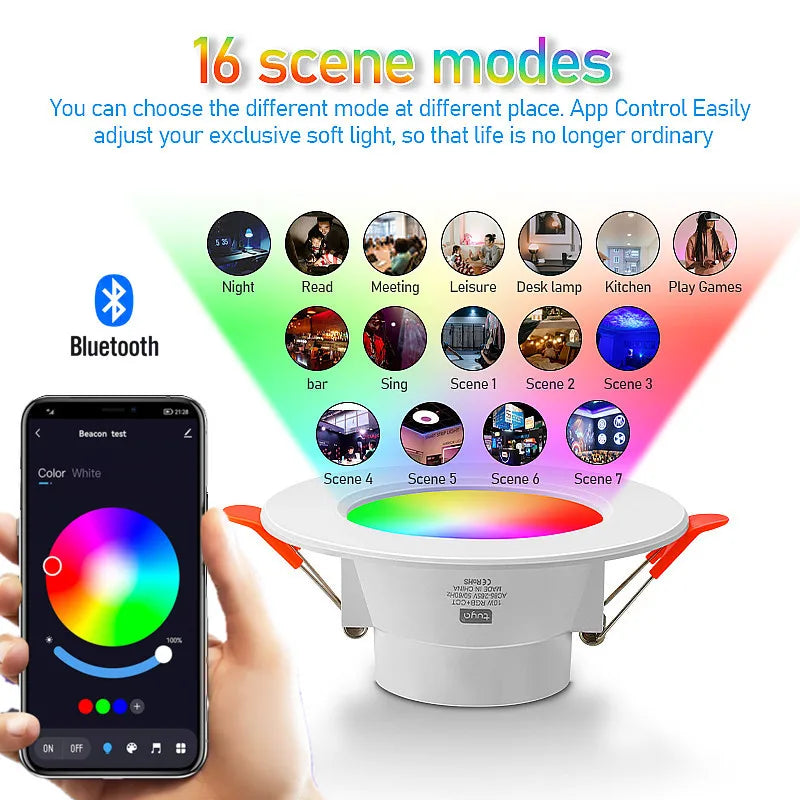 Smart RGB LED Recessed Downlight 10W 15W Bluetooth App Voice Wall Switch Dimmable 16 Colors 2700K to 6500K AC 85-265V Ceiling Spot