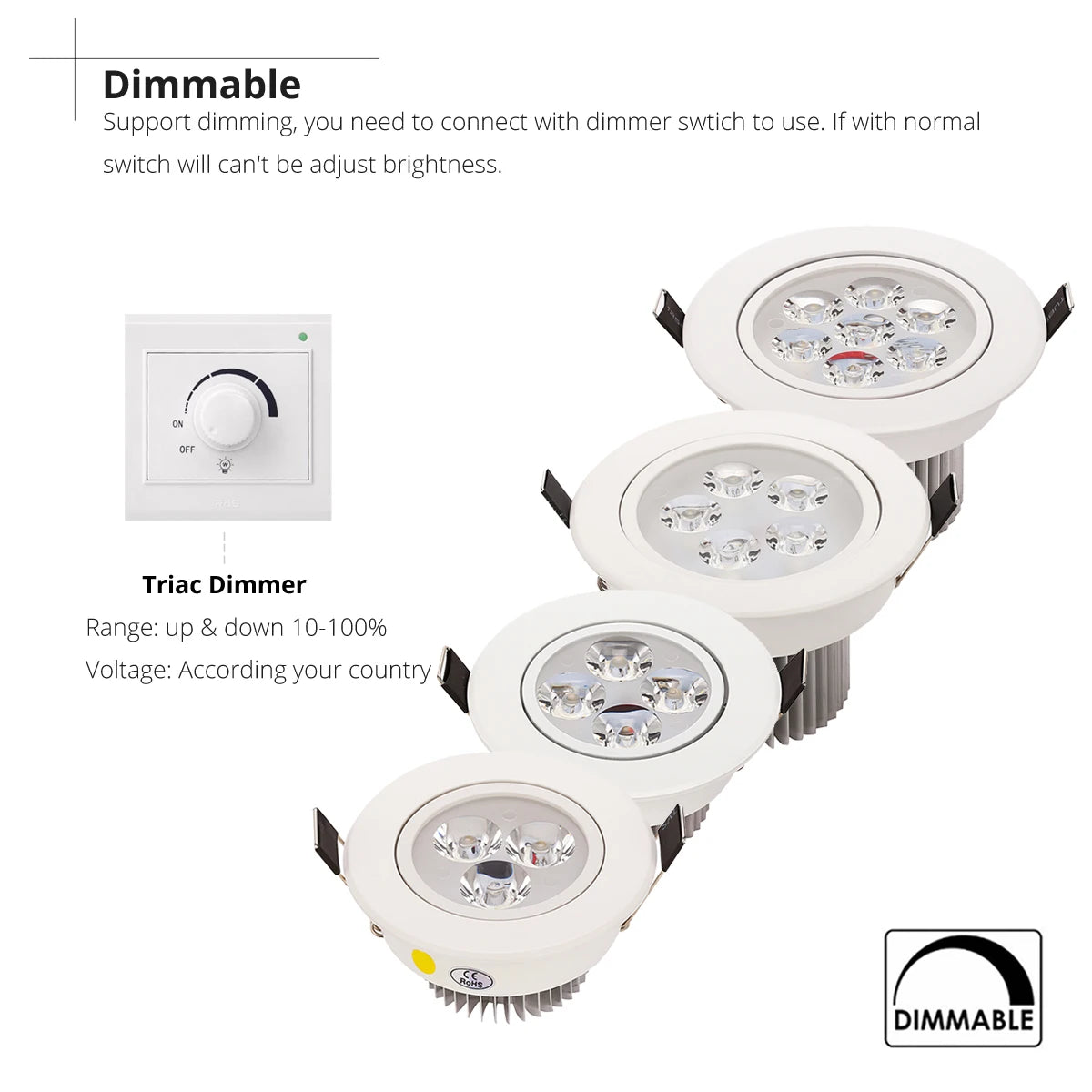 Multi-LED COB Recessed Downlight 9W-21W 30° Dimmable AC 110-220V White Black Silver 68-98mm