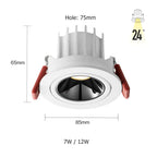 Dimmable Anti-Glare Adjustable Beam COB LED Recessed Downlight 7W 12W CRI 90+ 85-265V