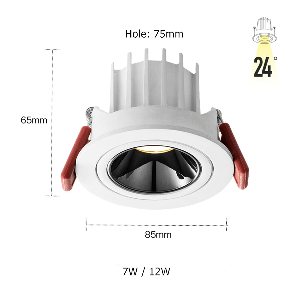 Dimmable Anti-Glare Adjustable Beam COB LED Recessed Downlight 7W 12W CRI 90+ 85-265V