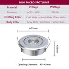 Mini Dimmable LED Recessed Downlight 1W 3W 52mm 45° CRI 80+ IP52 AC 85-265V 6 Pack