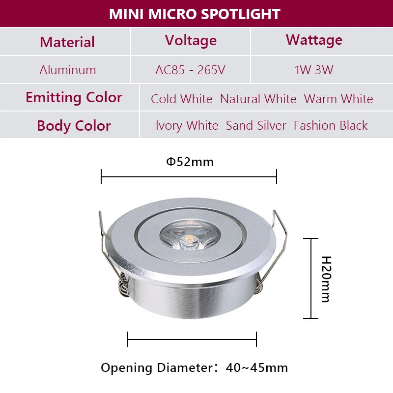 Mini Dimmable LED Recessed Downlight 1W 3W 52mm 45° CRI 80+ IP52 AC 85-265V 6 Pack