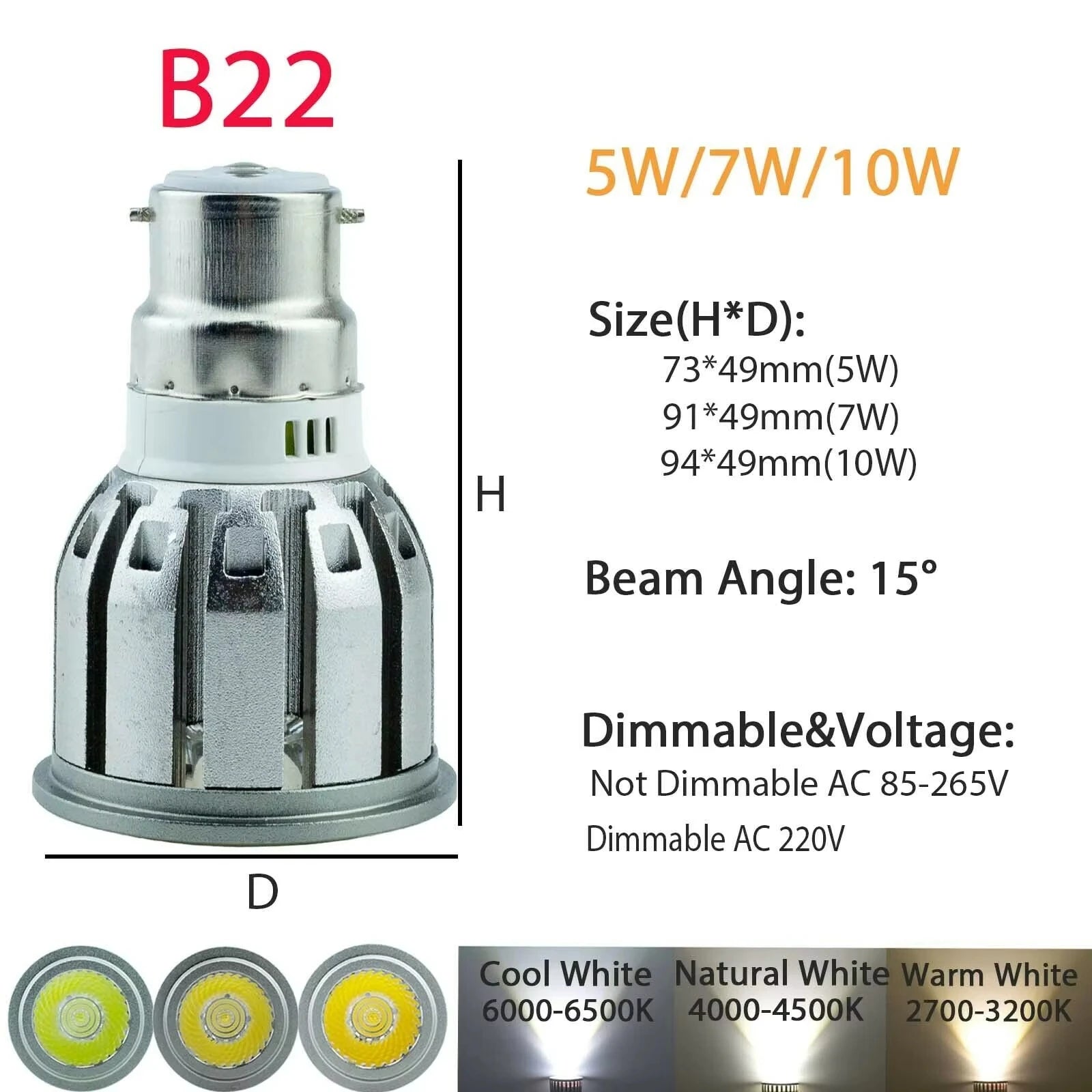 COB LED Spotlight Bulb 5W 7W 10W 15 Degree Epistar Multi Base E26 E12 E14 GU10 B22 Dimmable or Non-Dimmable AC 110V 85-265V Warm Neutral Cool White