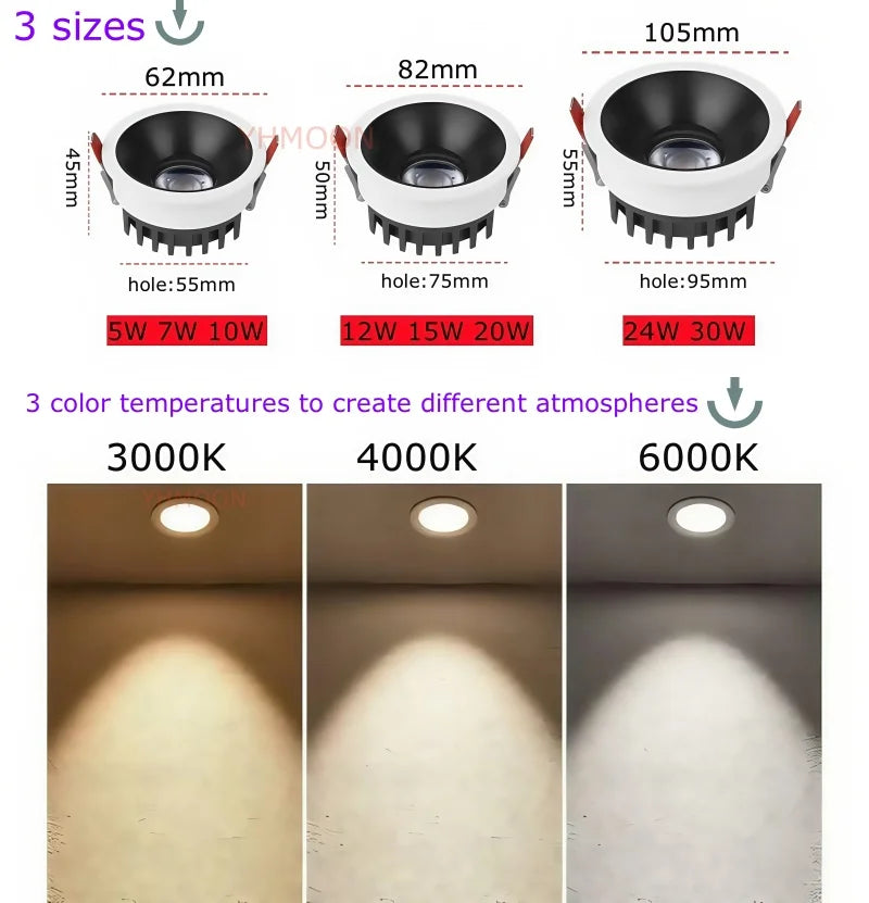 Ultra-Thin Anti-Glare COB LED Spotlight 5W-30W CRI 95+ 100-120lm/W 24° 38° Dimmable AC 85-265V