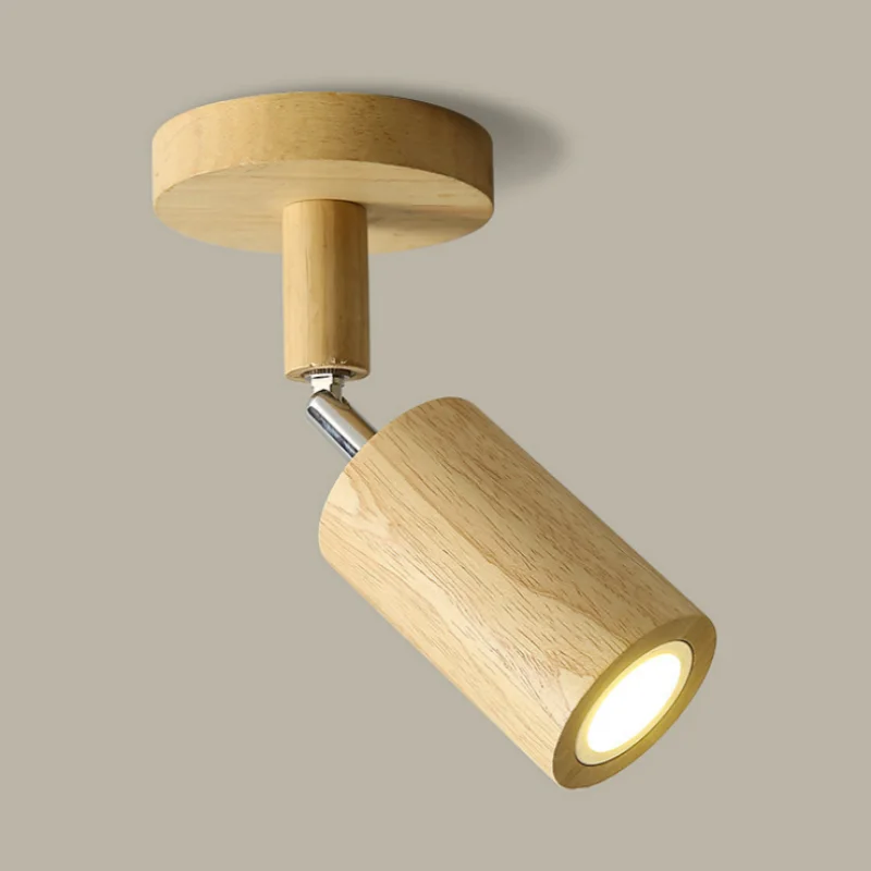Japanese Minimalist Wood Cylinder LED Ceiling Spotlight Rotatable Surface Mount AC 90-260V
