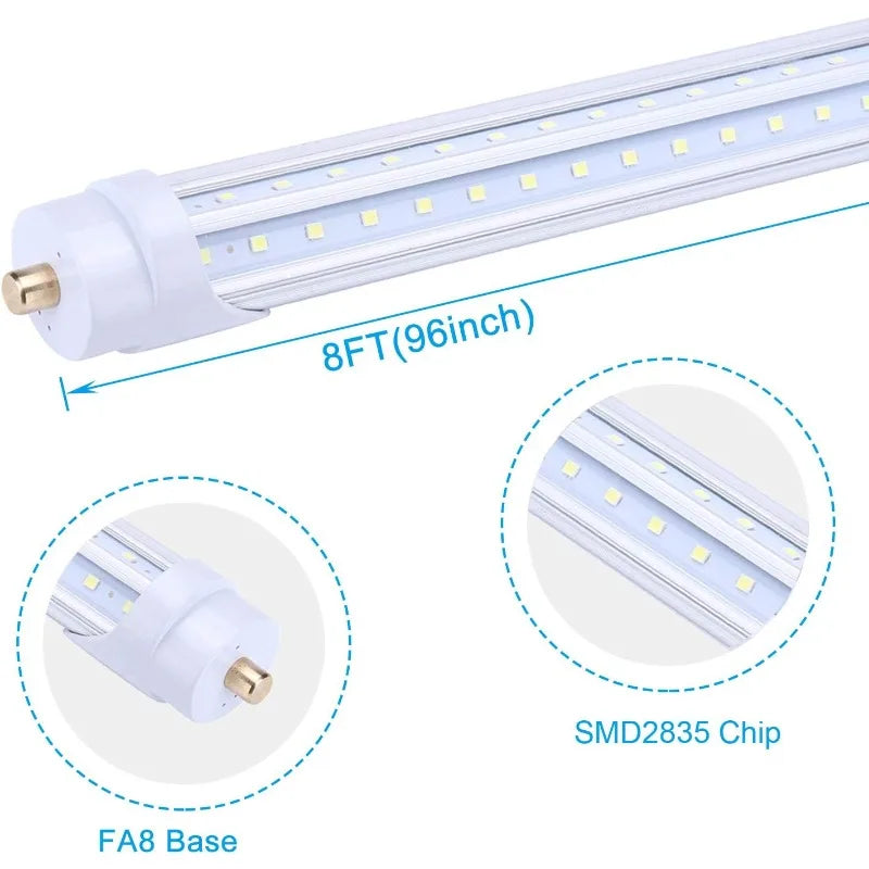 8FT T8 V-Shape LED Tube 65W FA8 Single Pin 7800lm 5000K 270-Degree Dual-End 12 Pack