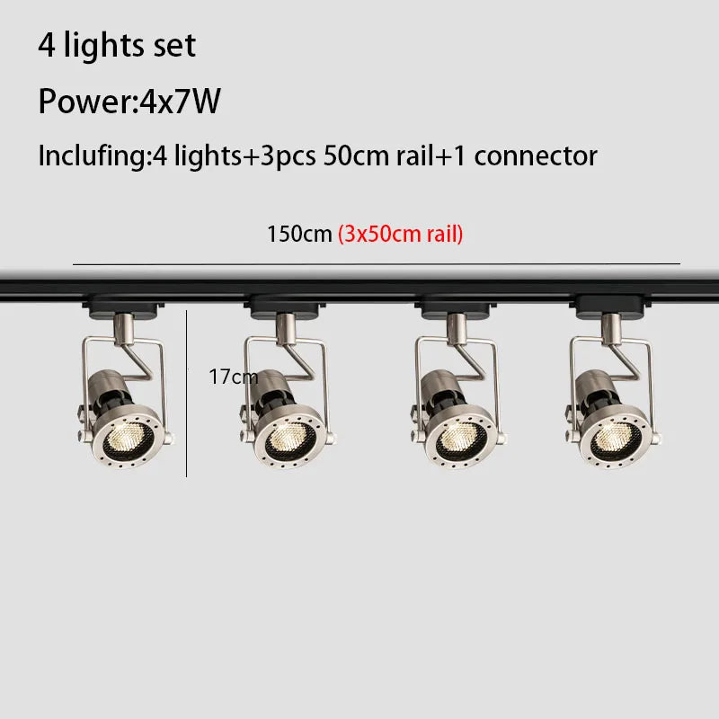 Industrial LED Track Light Set 3-4 Lights Brushed Nickel Aluminum AC 110-240V 5-Year Warranty