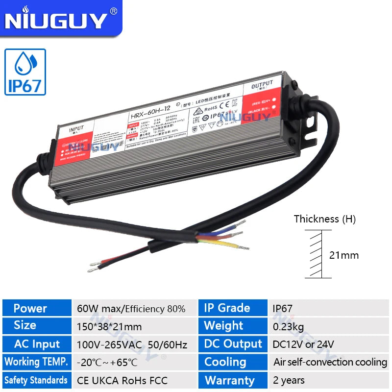 IP67 Ultra-Thin LED Power Supply DC 12V 24V 36W-400W AC 100-265V Flicker-Free EMI Filter