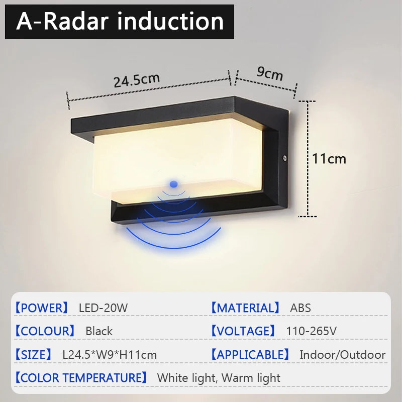 20W IP65 LED Outdoor Wall Lamp Radar Motion Sensor 3-6m AC 85-265V Black ABS Porch Garden