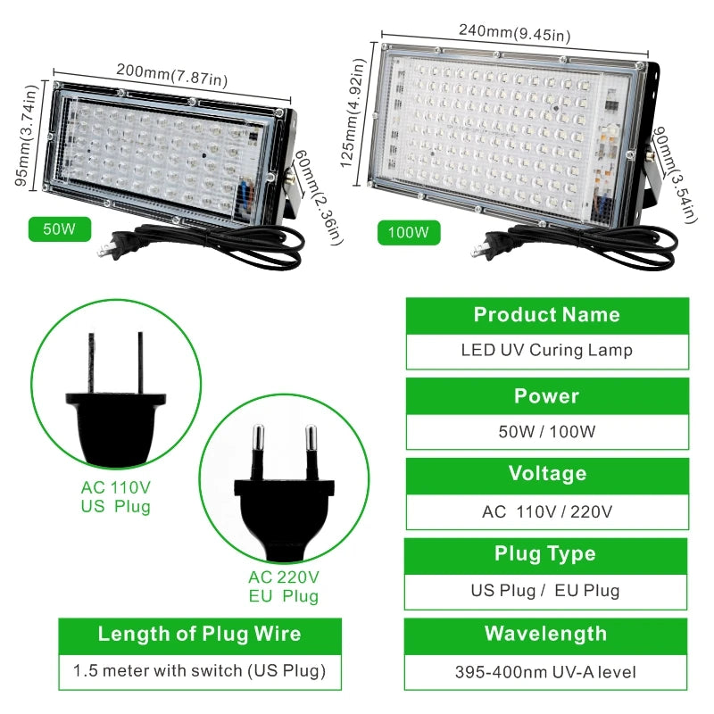 50W 100W UV LED Flood Light 395-400nm IP65 AC 110-220V US EU Plug Party Stage Blacklight