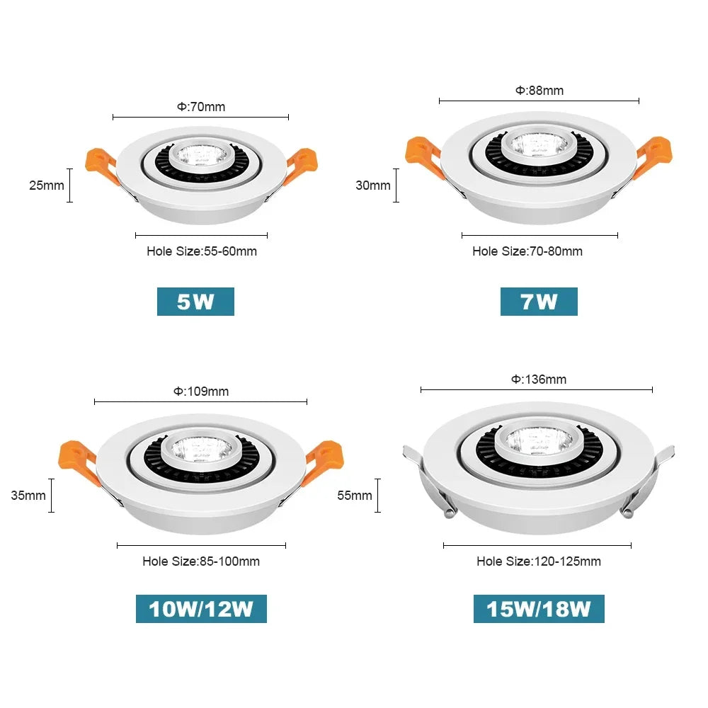 5W-18W Angle-Adjustable COB LED Recessed Downlight 360° Epistar CRI 90+ 110lm/W AC 85-265V