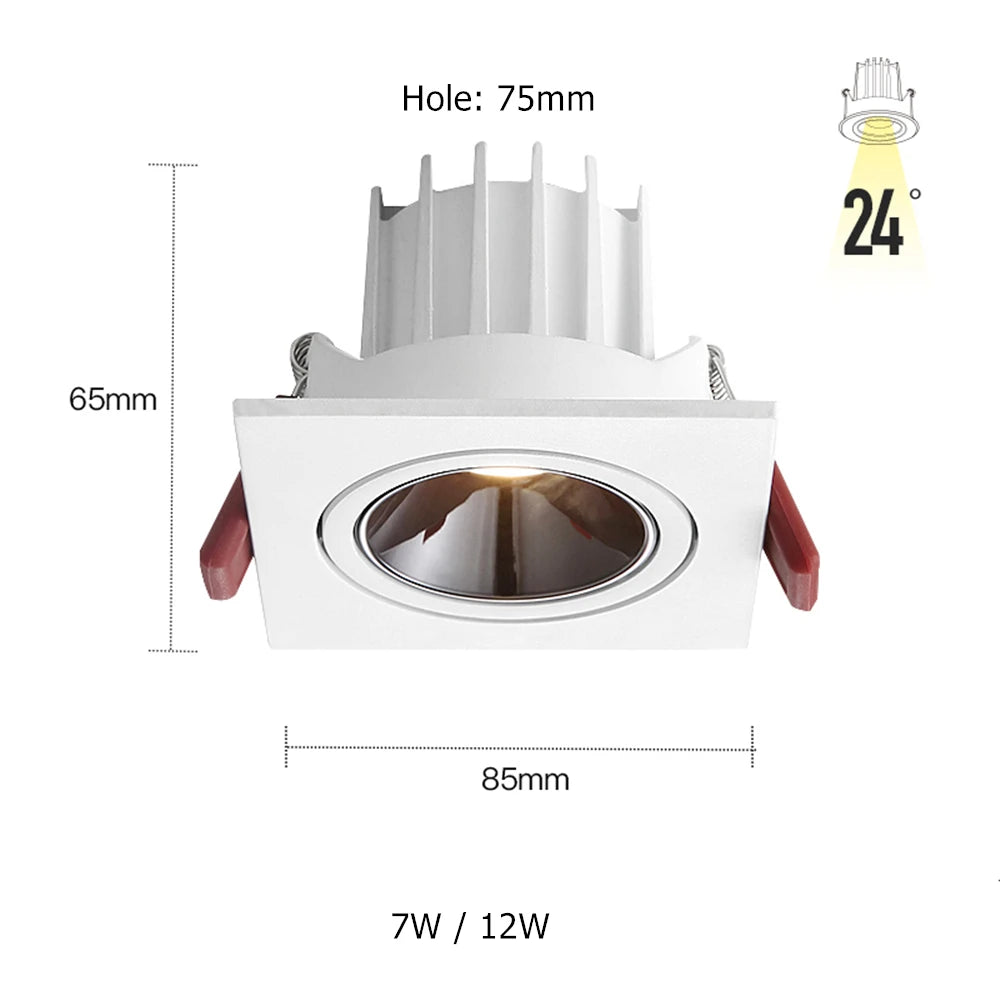 Dimmable Anti-Glare Adjustable Beam COB LED Recessed Downlight 7W 12W CRI 90+ 85-265V