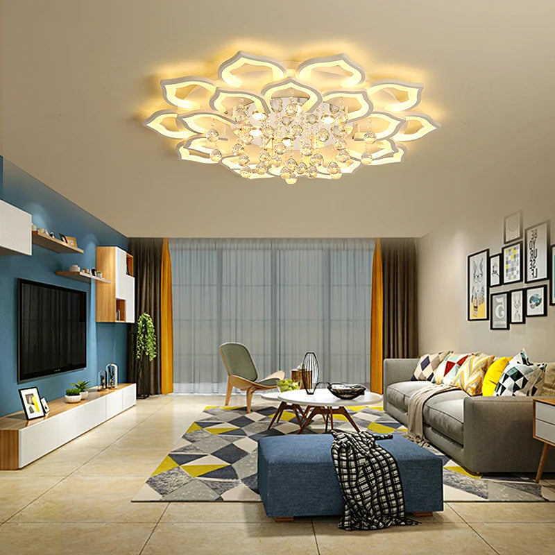 Modern Crystal LED Ceiling Chandelier 24W 48W 72W 110W G9 Three Color Switch Control White Petal 50cm to 105cm Living Room Bedroom Kitchen AC 90-260V
