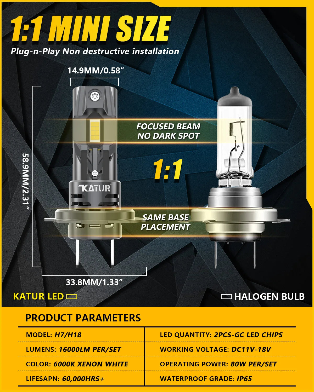 KaTur H1 H3 H4 H7 H8 H11 9005 9012 LED Headlight Bulb 6500K 360° Plug-Play 12V 2 Pack