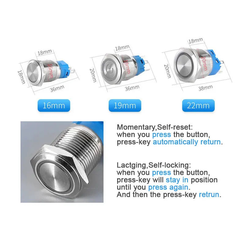 IP65 LED Metal Push Button Switch 12mm 16mm 19mm 22mm 1-3A Momentary Latching 3-220V 5 Colors
